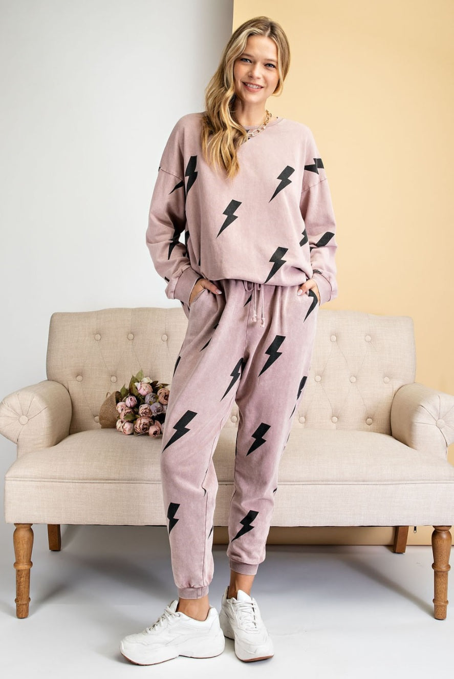 Long Sleeve Pink Lightning Bolt Terry Knit Set